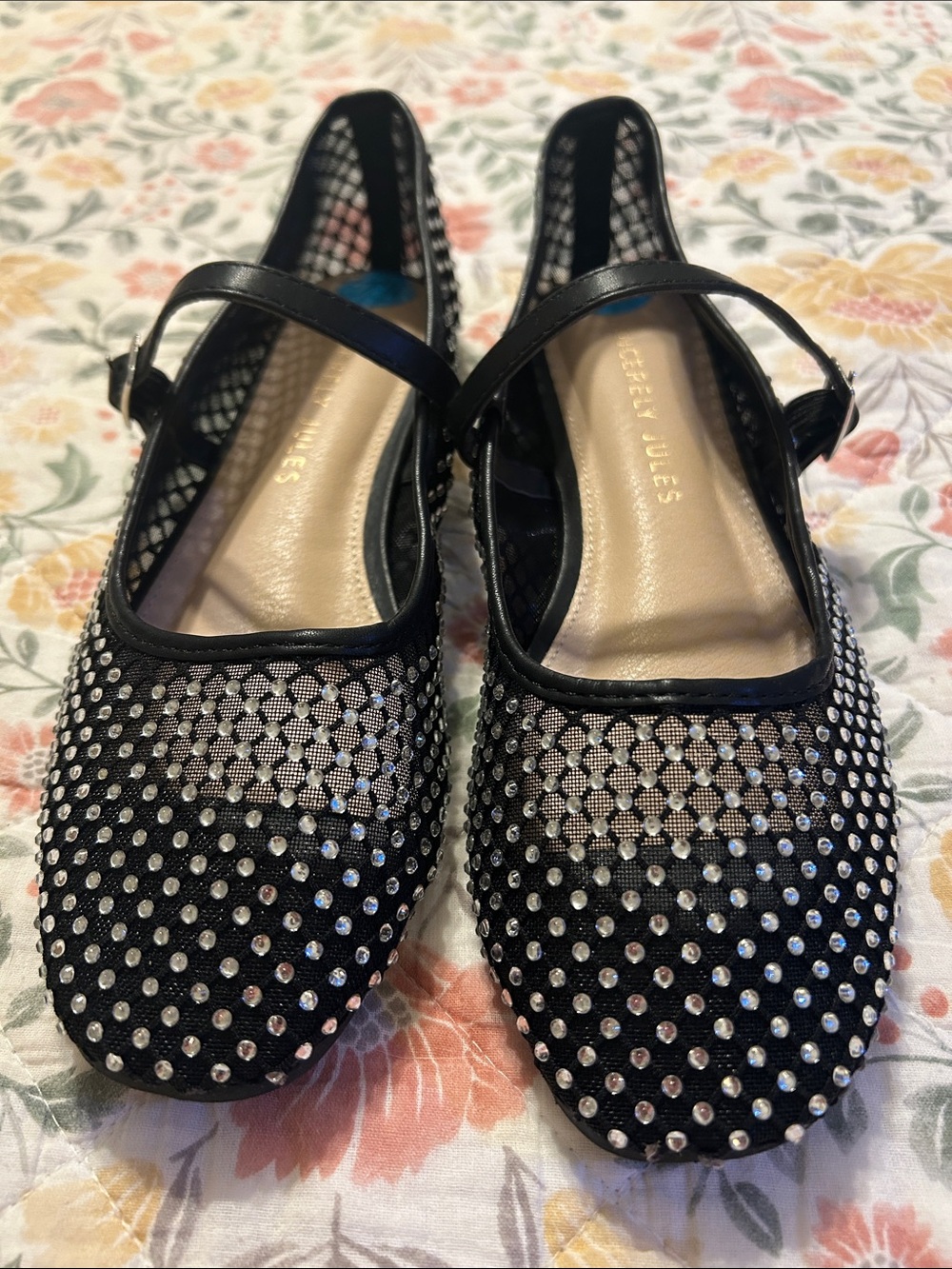 Sincerely Jules Black Embellished Mesh Mary Jane Flats